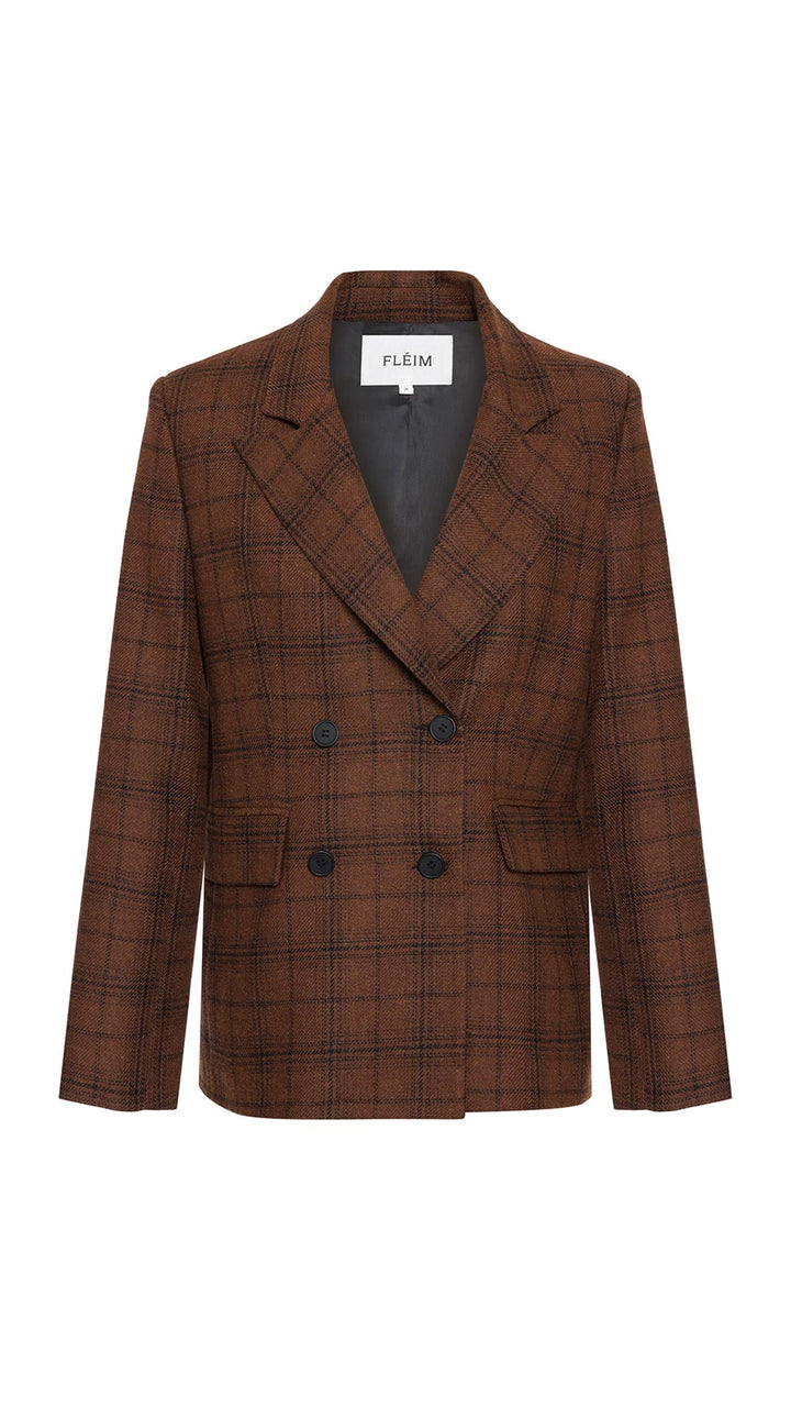 CHECKED DOUBLE BREASTED WOOL BROWN BLAZER